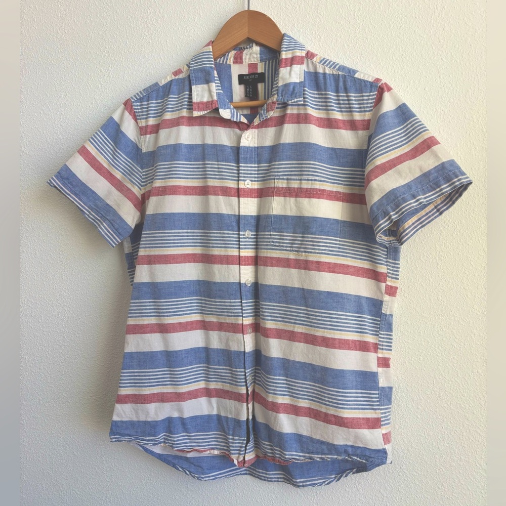 Men’s M short sleeve button up tee - red, white, and blue Forever 21